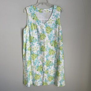 J Jill Love Linen Green Blue Sea Turtle Sleeveless Lined Shift Dress